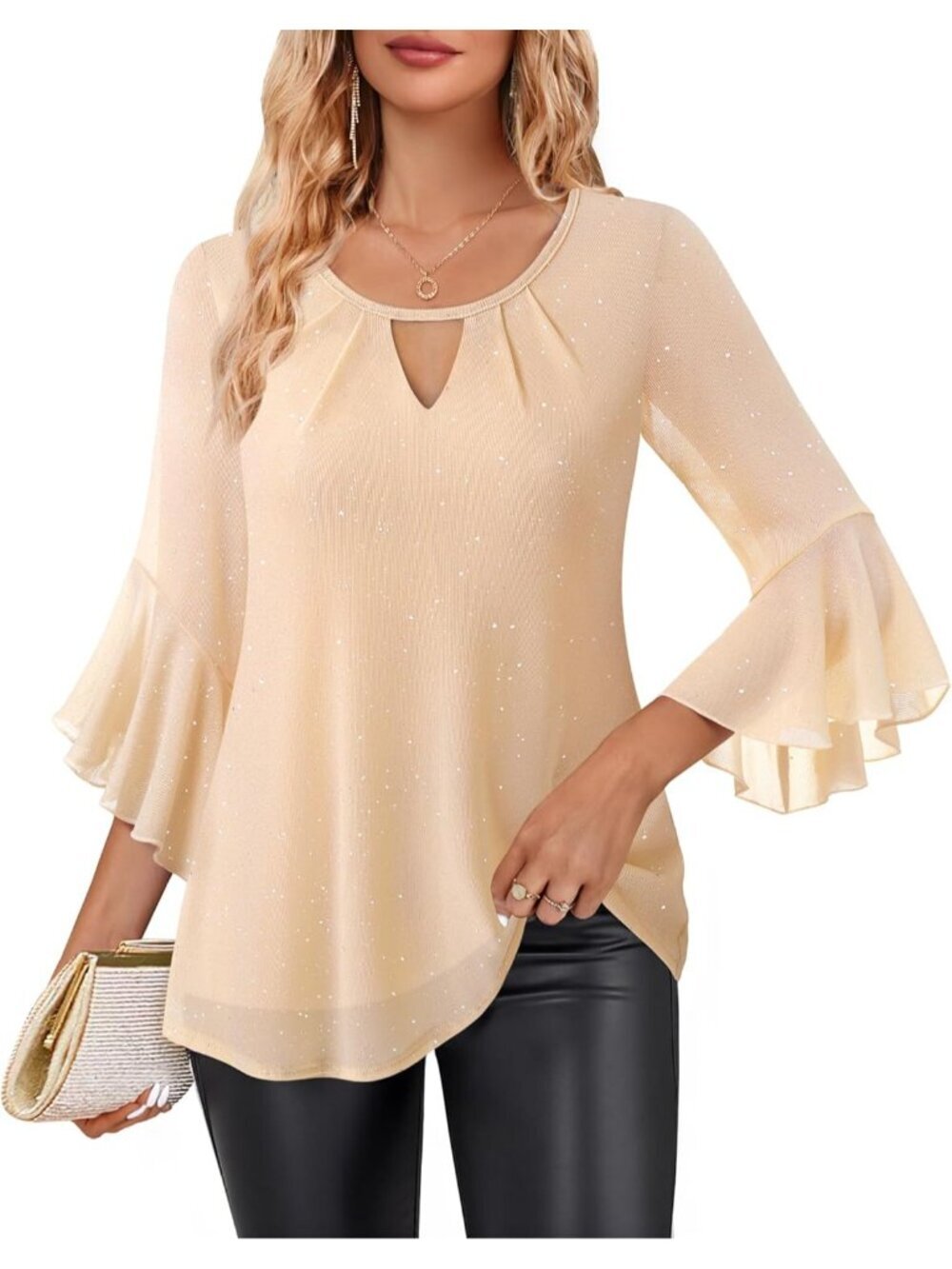 Women's Shirt Champagne Ruffle 3/4 Sleeve Blouses Glitter Cocktail Party Top - Picture 2 of 6